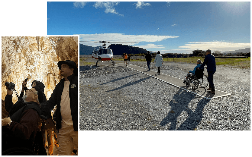 Two photos: a man in a wheelchair with a tour guide inside Waitomo Caves, and a woman in a wheelchair being assisted onto a helicopter.