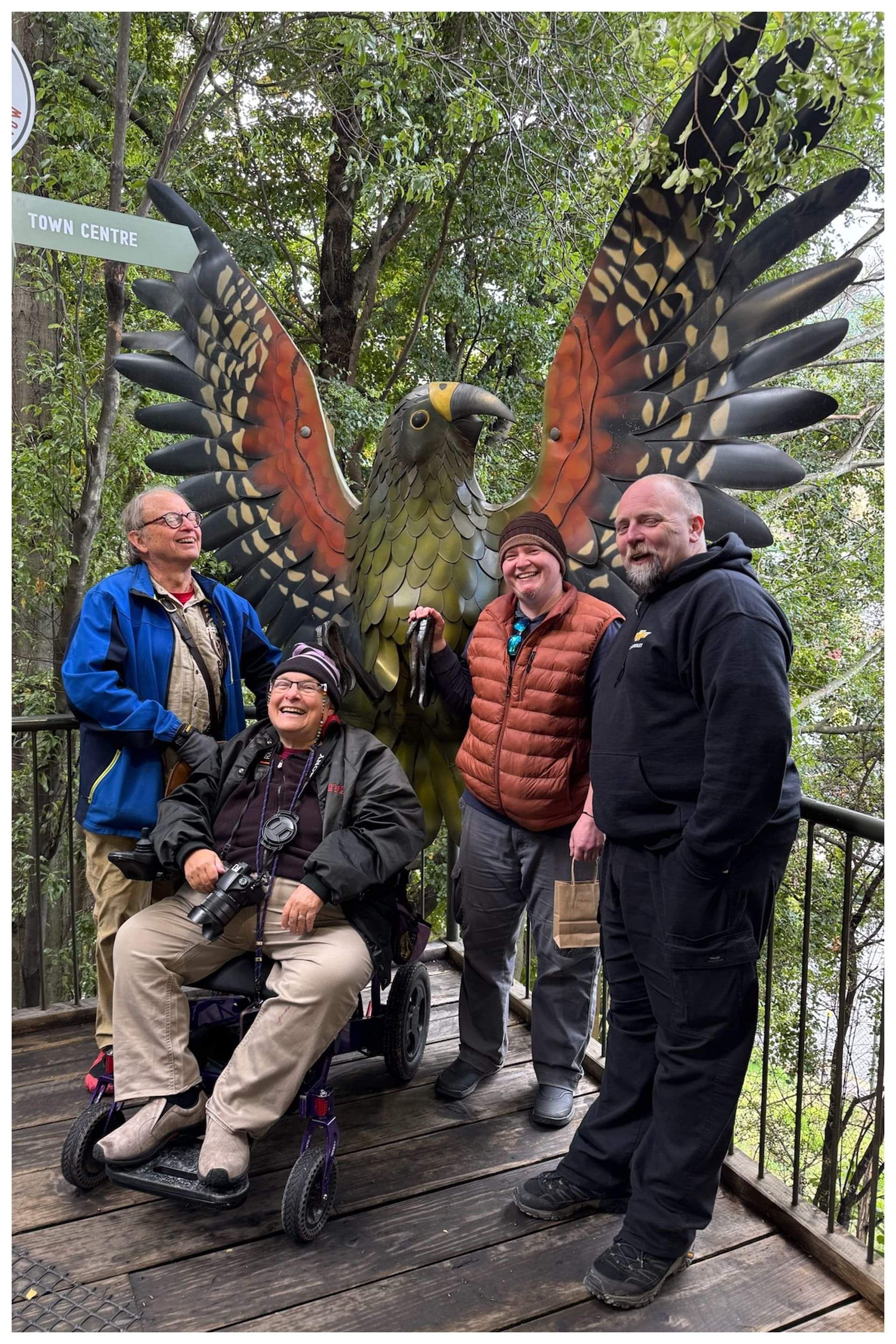Man using an electric wheelchair enjoying the outdoors with friends, representing accessible travel and mobility support in New Zealand