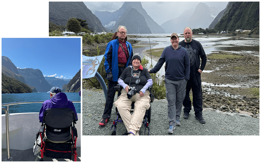 A man in a wheelchair on a boat in Milford Sound and a group of friends at Milford Sound