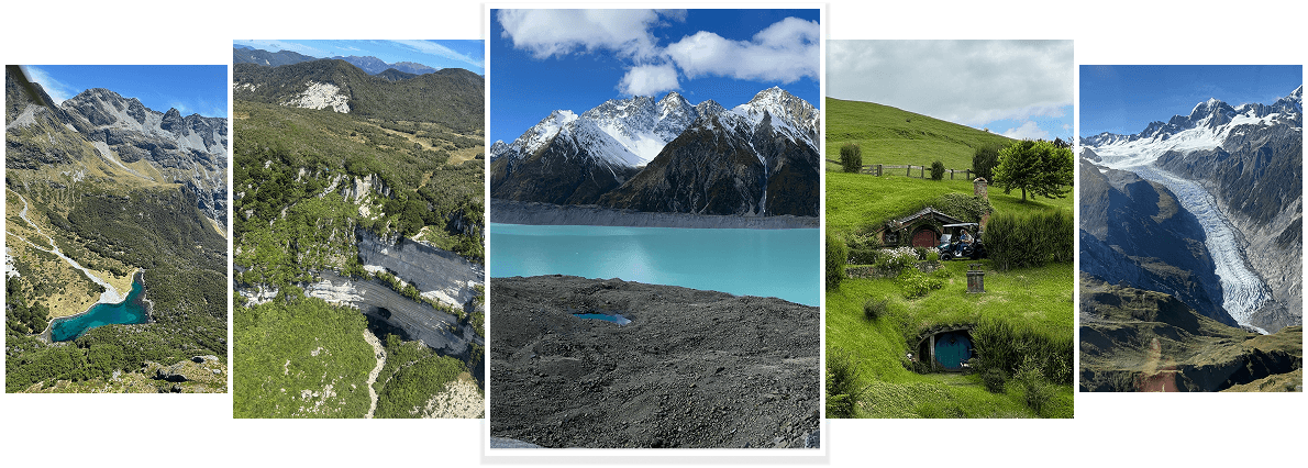 Scenic highlights from across New Zealand’s North and South Islands, featuring mountains, lakes, coastlines, and cultural landmarks.