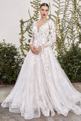 Long sleeve lace appliqu&eacute; wedding gown