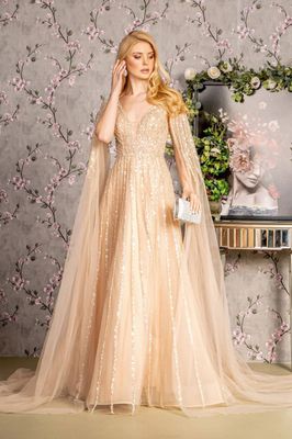 Champage bead sequin mesh A-line with side cape long sleeves