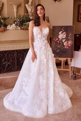 Strapless floral lace A line wedding gown