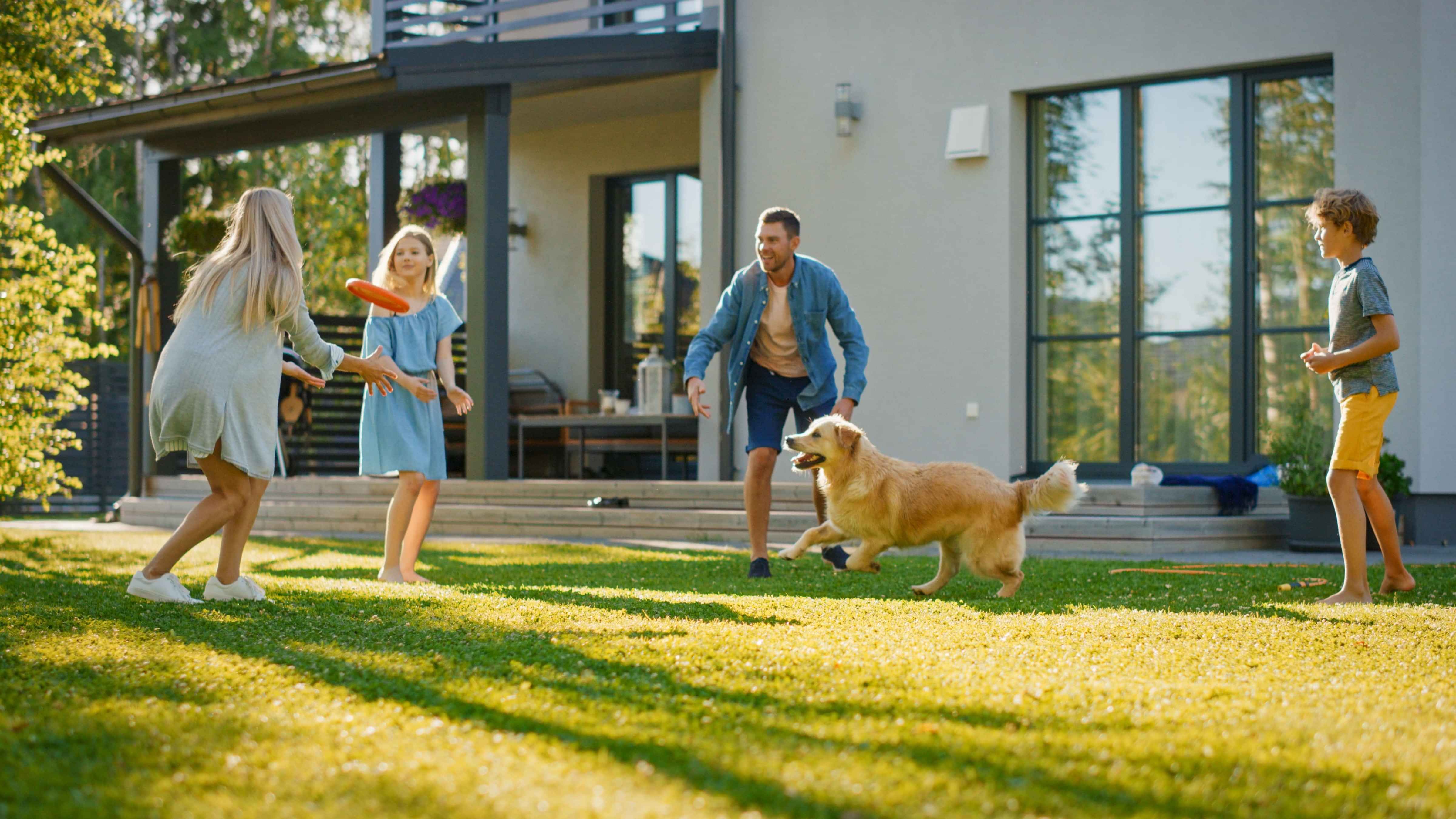 Family playing frisbee with dog