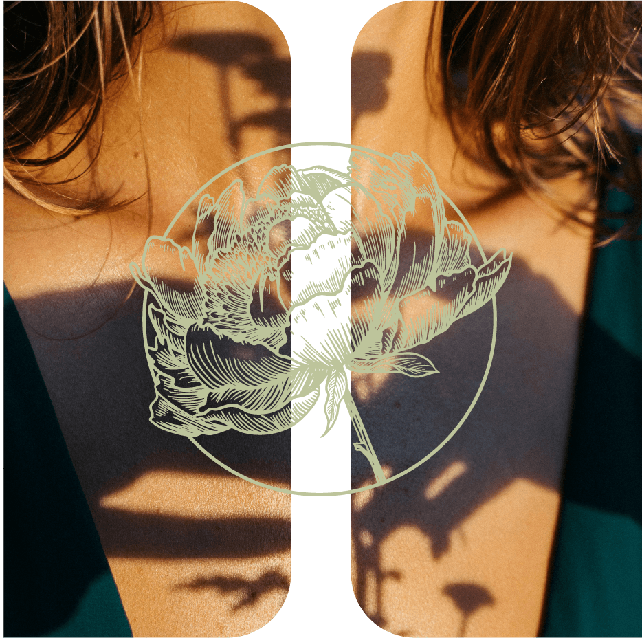 A split photo of floral shadows on skin with Skin Glow's peony illustration in green over the top.