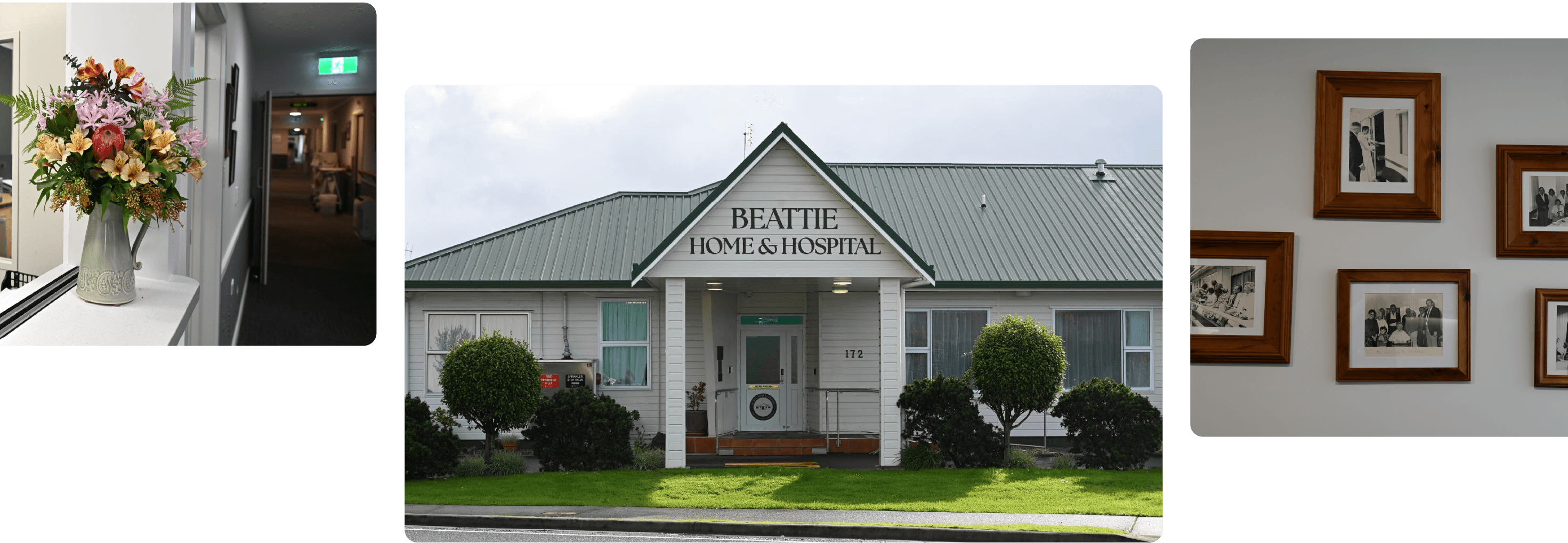 Front of BEattie Home and Hospital, welcome desk and photos on the wall