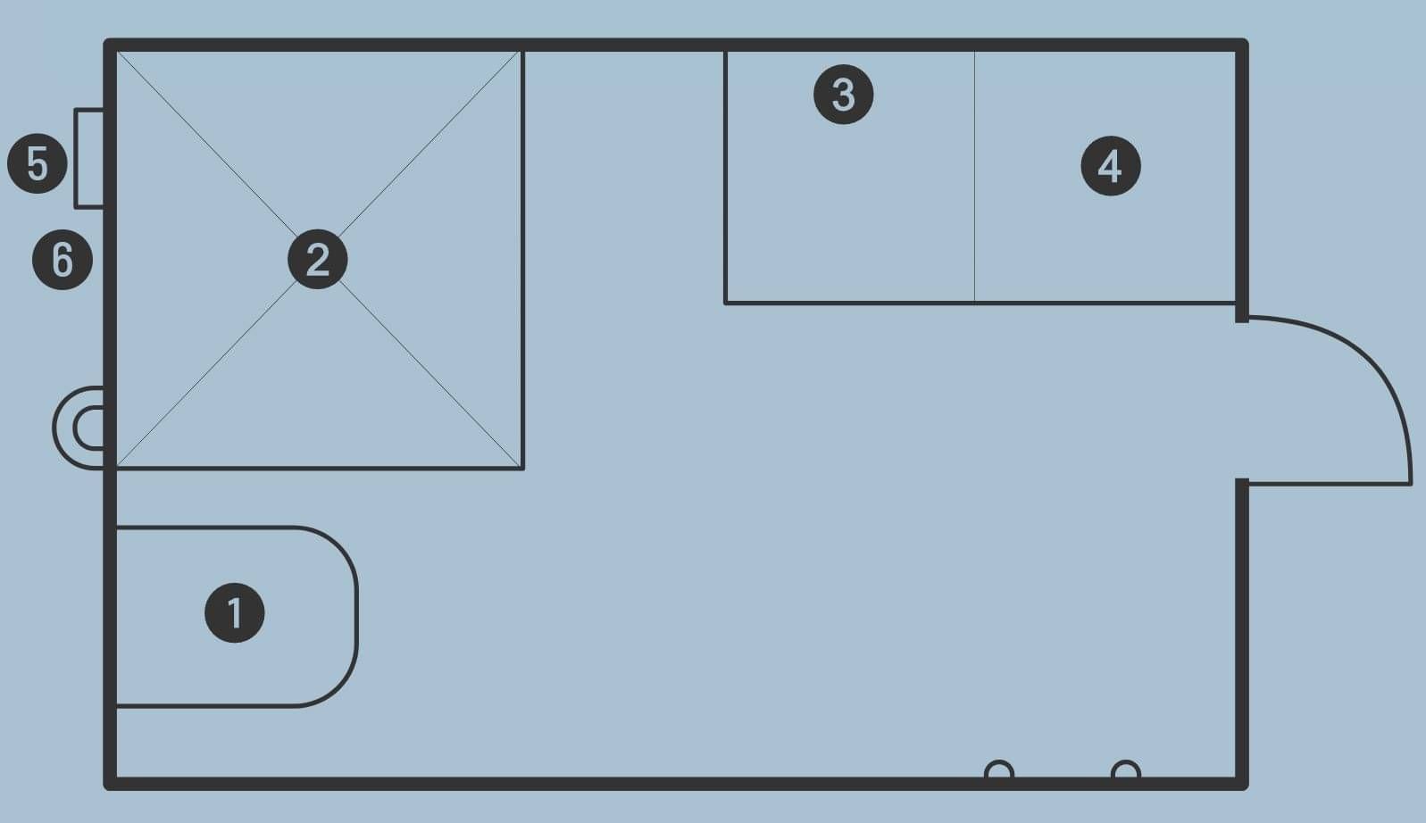 A map diagram showing the layout of the fittings in the Portable Bathroom.
