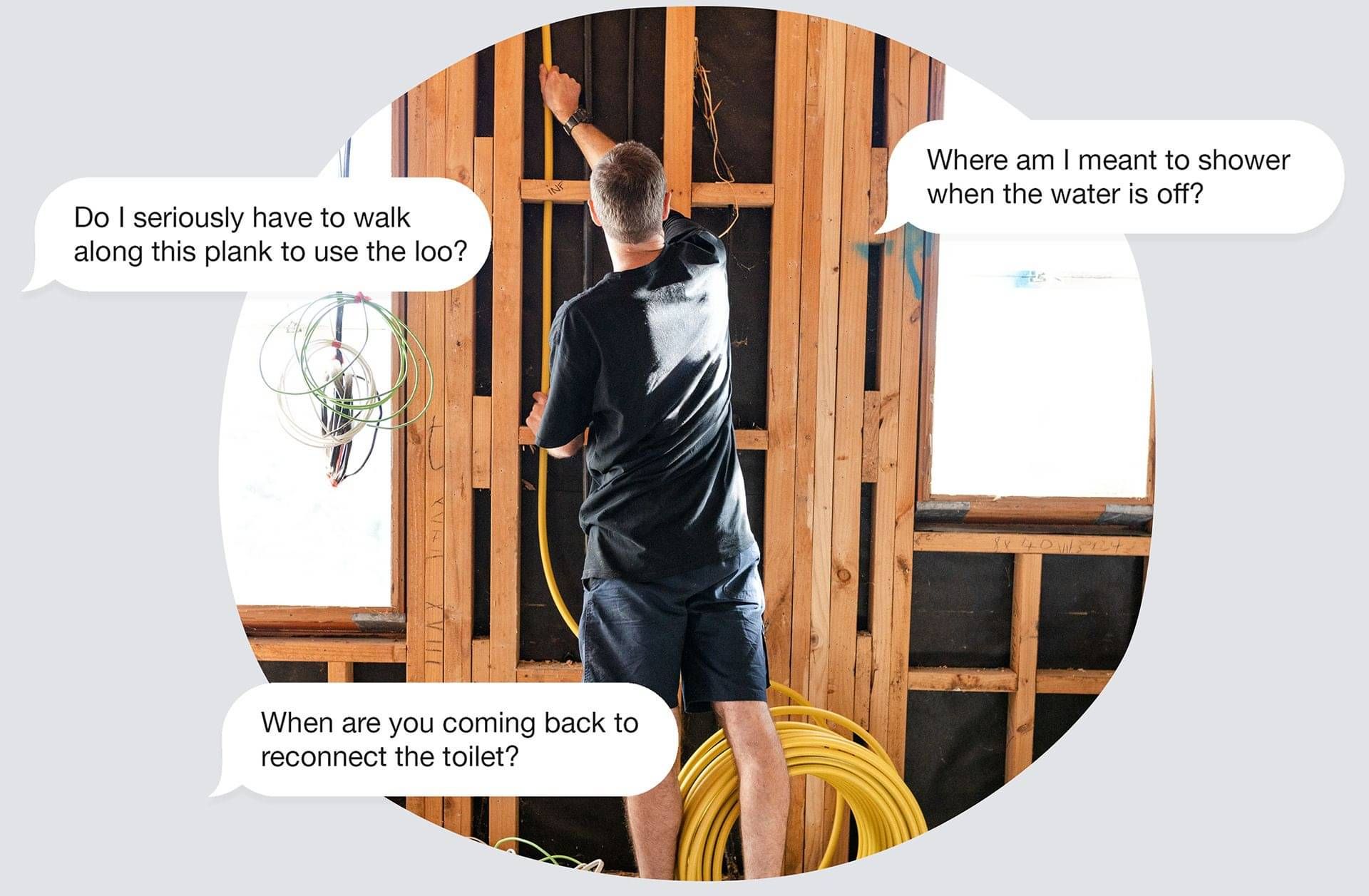 Plumber fitting pipes into a wall with speech bubbles showing customer questions, highlighting the need for a portable bathroom.