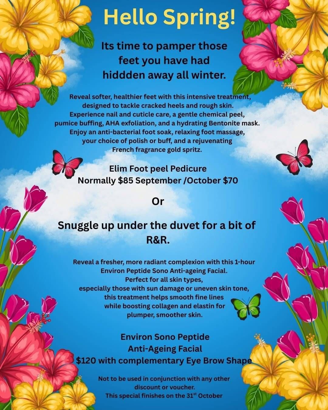 Monthly specials for a Peel pedicure and a antiageing facial