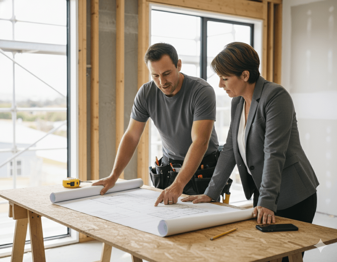 Bay Rebuild worker talking to a client about Insurance Reinstatement work for her Rotorua home