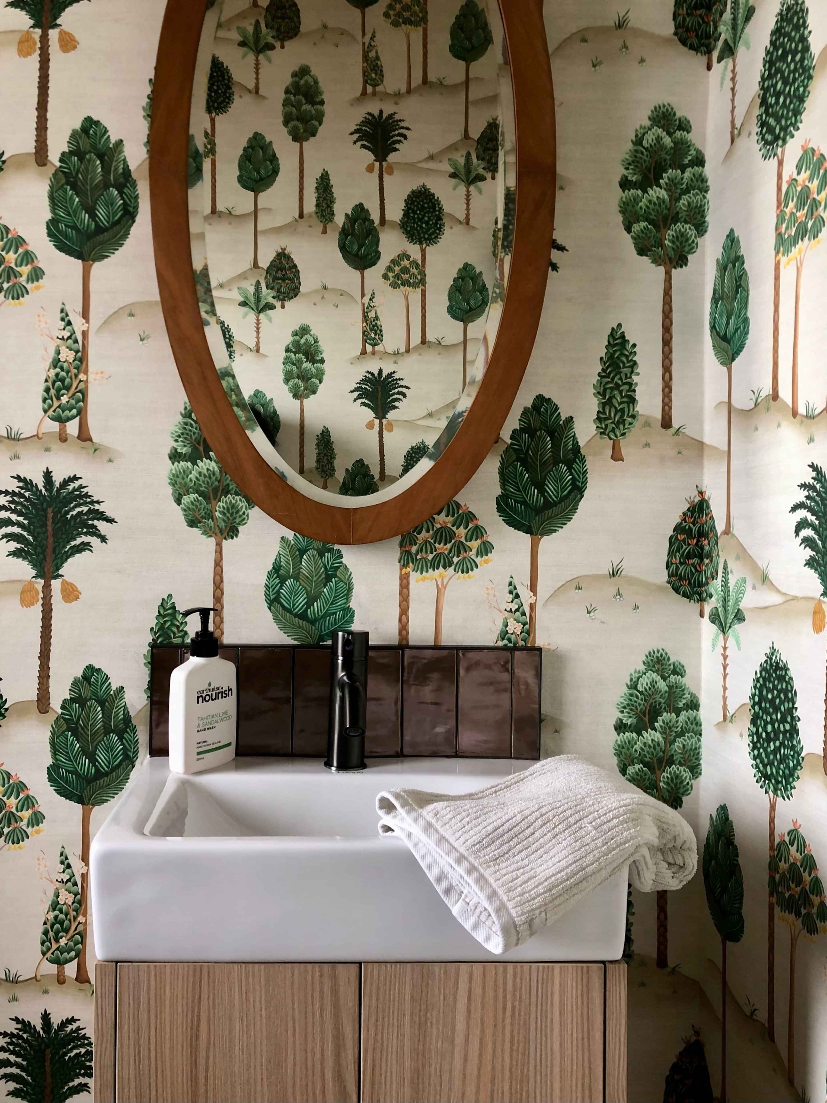 Horowhenua Powder room design with biophilic wallpaper by Nicola Ross Design