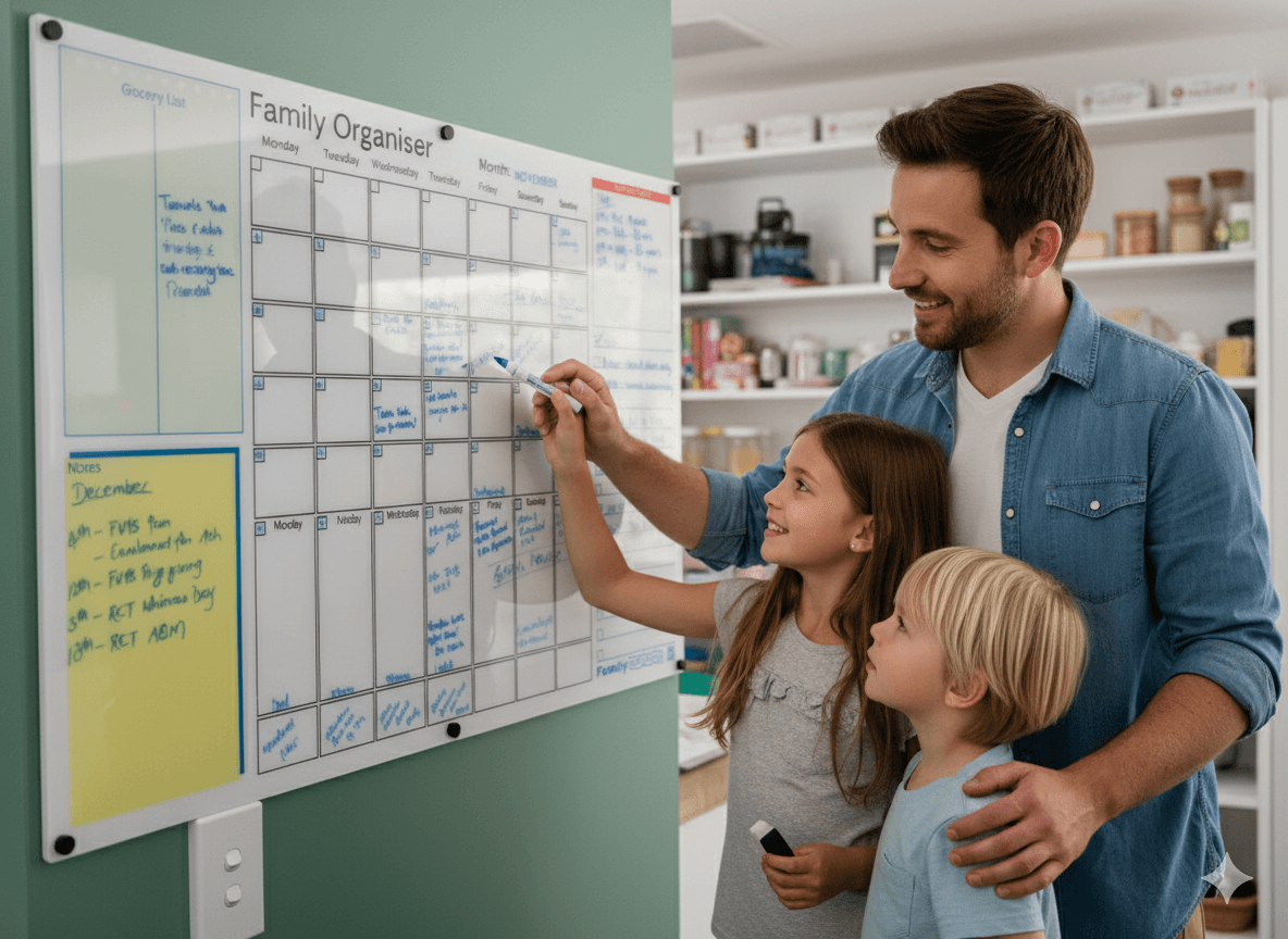 Signature Planning Panel — family using it on the kitchen wall