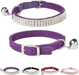 Adjustable Cat Collar: Soft Velvet Safe Collars. Bling Diamante with Bells, Purple