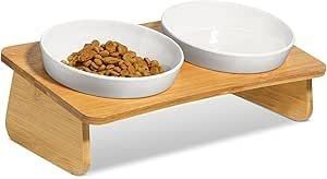 ComSaf Raised Cat Bowl with Bamboo Stand, Elevated Pet Feeder with 2 Melamine Bowls