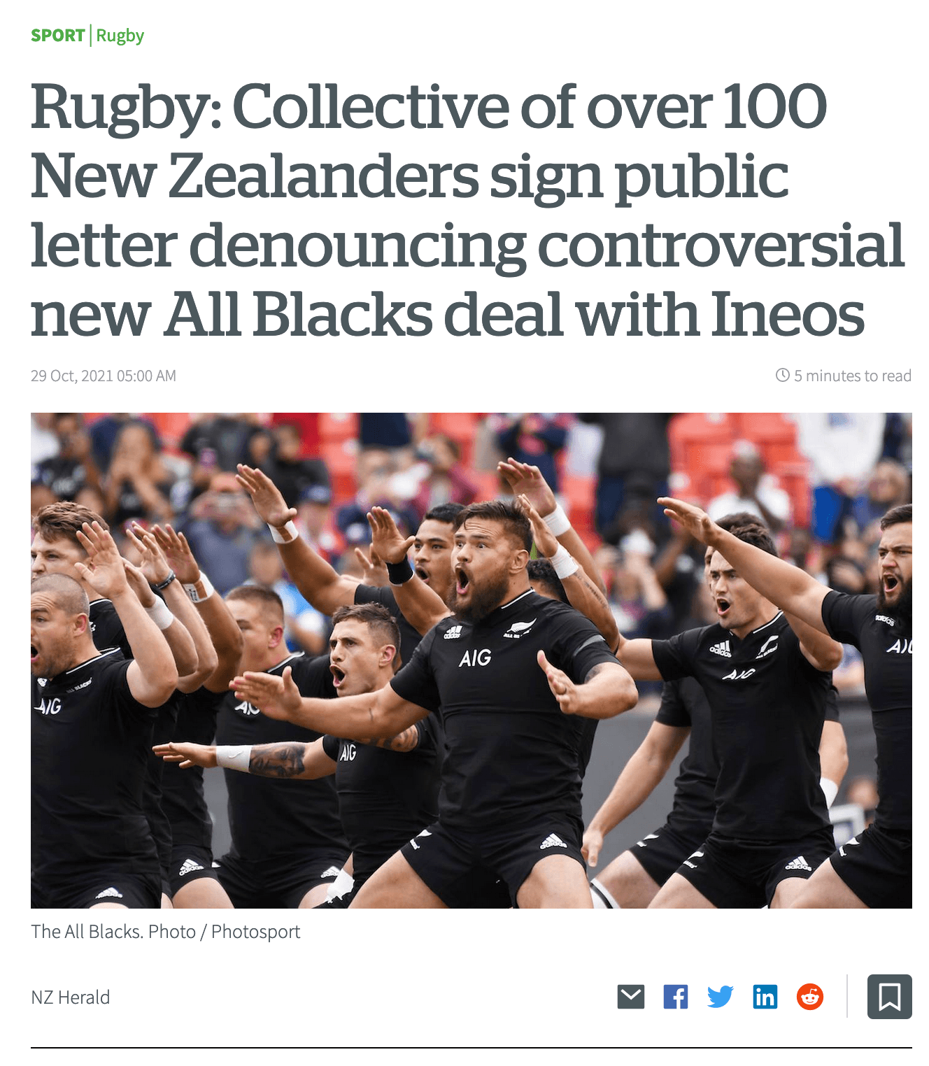 A screenshot of news coverage "Colletive of over 100 New Zealanders sign public letter denouncing controversial new All Blacks deal with Ineos"