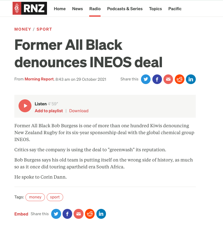 RNZ article with headline "Former All black denounces INEOS deal"