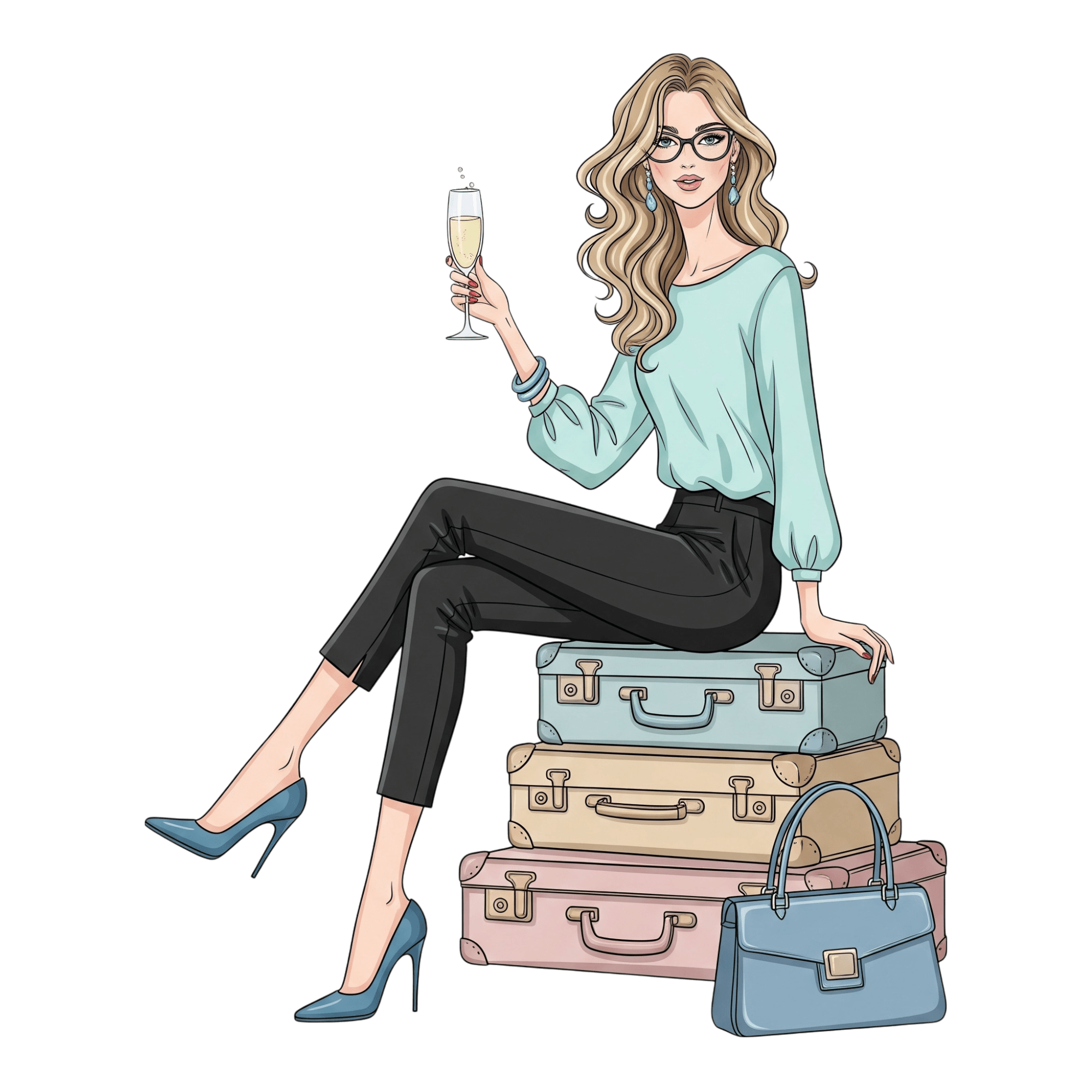 Blonde woman sitting on a pile of suitcases with a glass of champagne