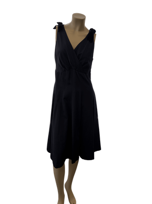 Pre-Loved Elegant Black Wrap Front Midi Dress with Bow Shoulder Detail - A Timeless and Versatile Cl