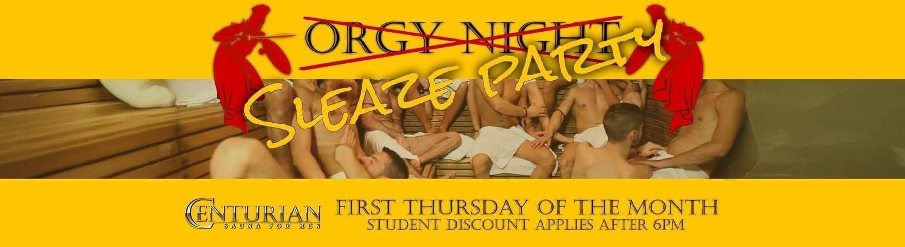 Image of towelled men in a sauna with text that reads: Centurian's Sleaze Night, first thursday of the month. Student Discount applies after 6pm.