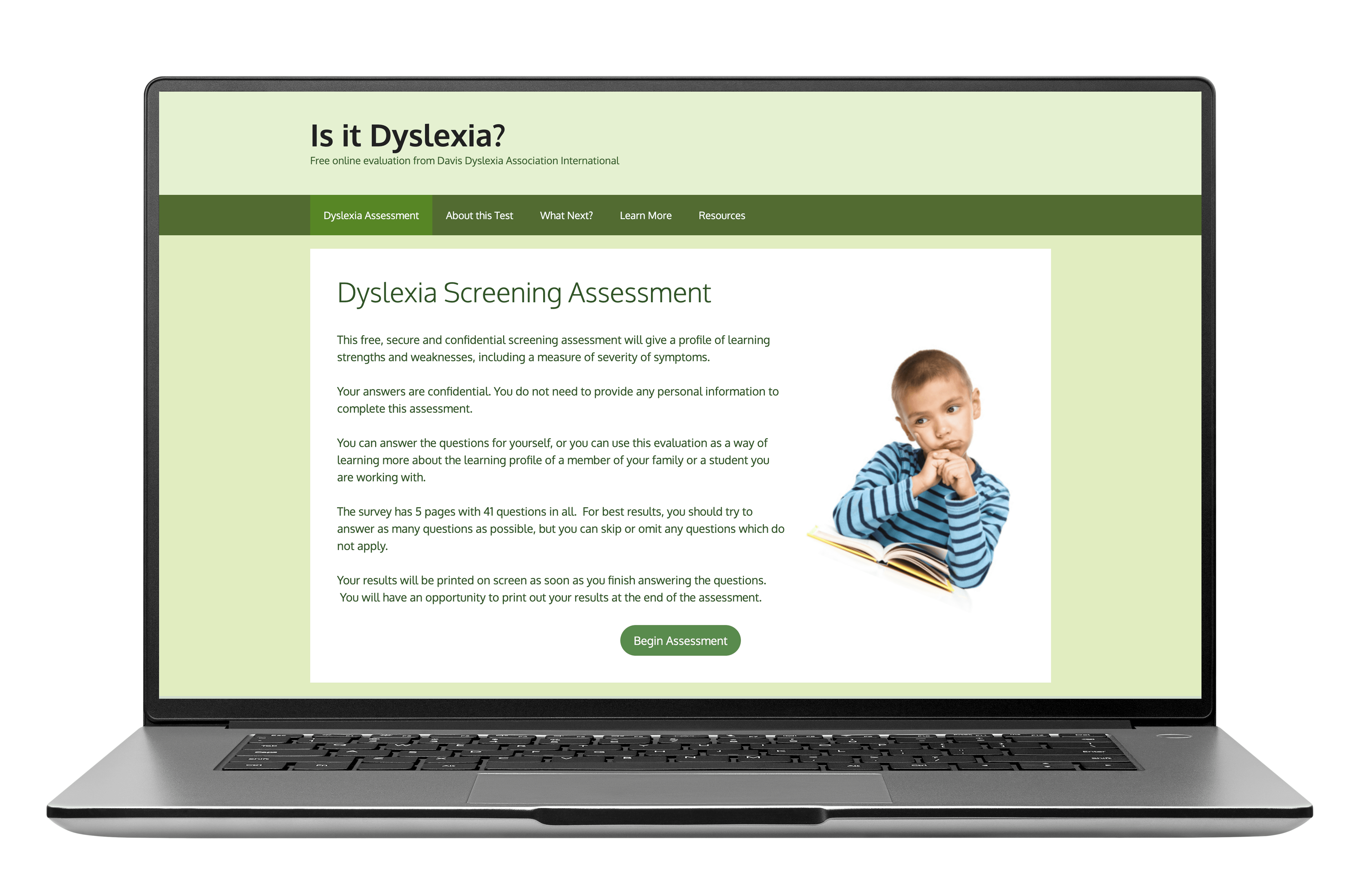 Laptop with Dyslexia Test home page displayed on it