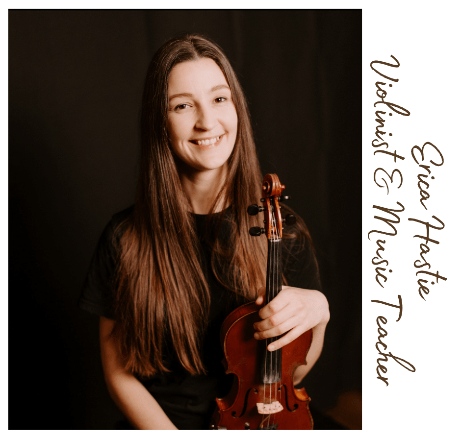 A portrait of Erica holding her violin.