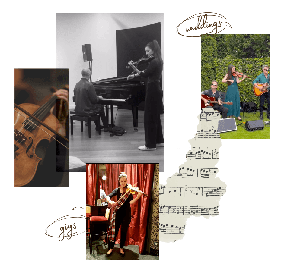 A collage of images of Erica performing at different events, weddings and venues around Queenstown.