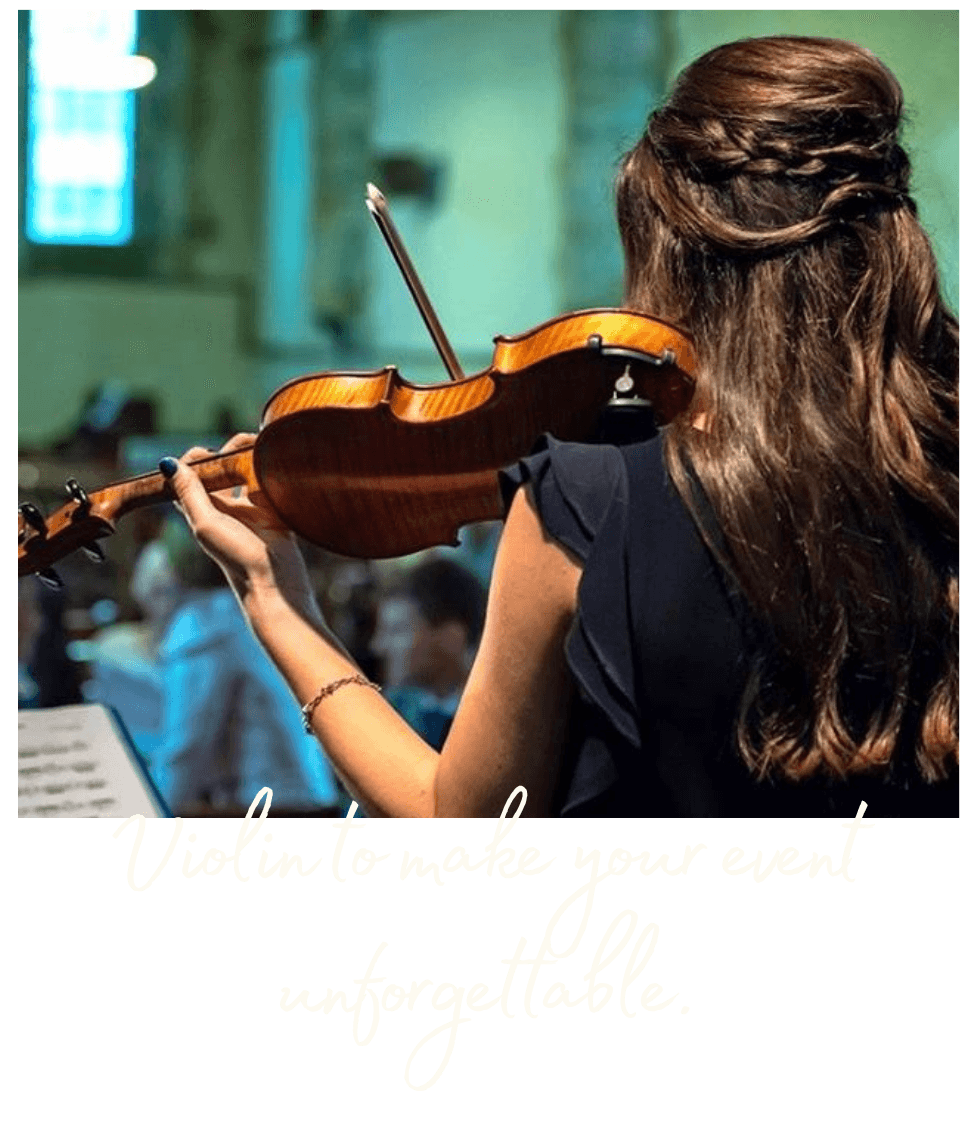 Erica playing violin at an event, with the text 'Violin to make your event unforgettable' underneath.