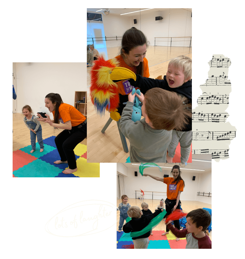A collage of images of Erica at Magical Music with her preschool students.