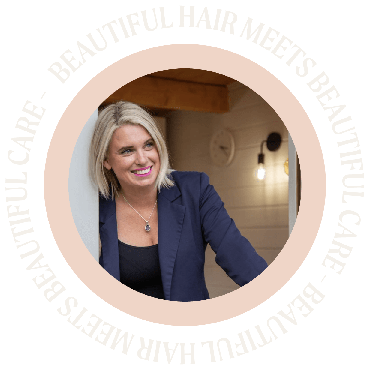 Amy of Auburn and Ash at her salon door. A border of the words beautiful hair meets beautiful care wraps the image.