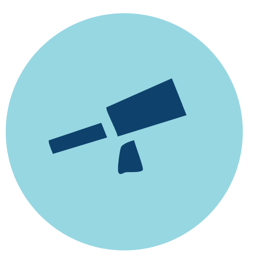 Teal circular icon with navy telescope symbol representing vision and clarity in AraHina’s strategic planning process.