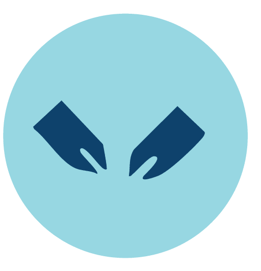 Teal circular icon with navy hands symbolising connection, collaboration, and progress measurement in strategy facilitation.