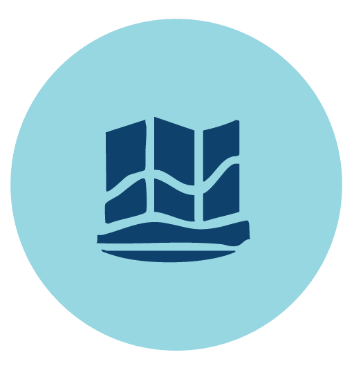 Teal circular icon with navy open book representing implementation, action, and applying strategy within organisations.