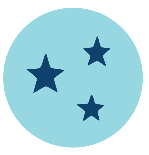 Teal circular icon with navy stars representing values and kaupapa alignment in Māori-led strategy development.