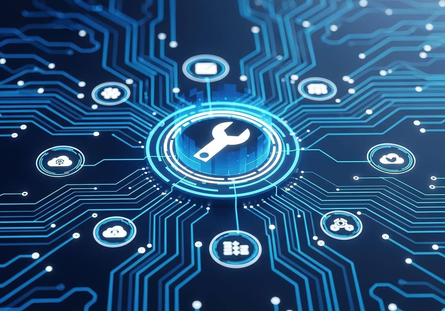 Wrench icon surrounded by tech symbols, representing proactive IT support and device management.