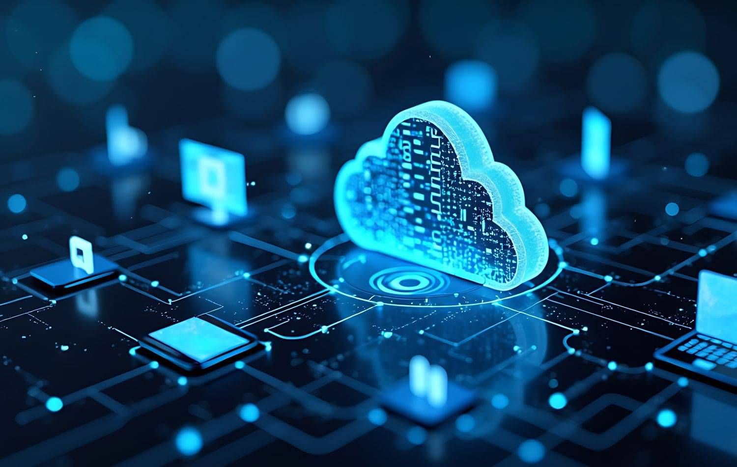 Glowing cloud icon surrounded by tech symbols, representing secure NZ-based cloud storage and connectivity.