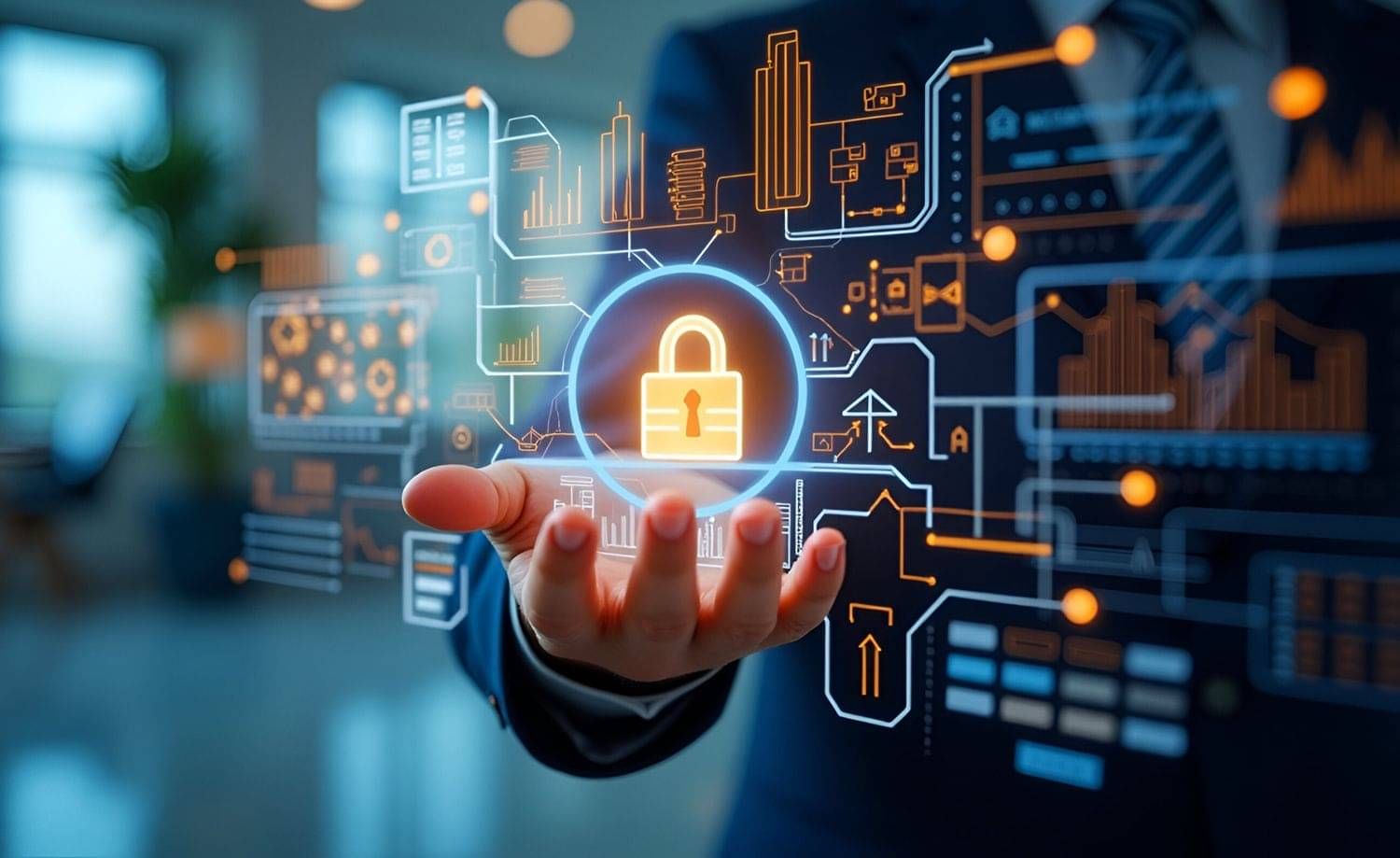 Hand holding glowing lock icon, symbolizing continuous cybersecurity protection and secure data management.