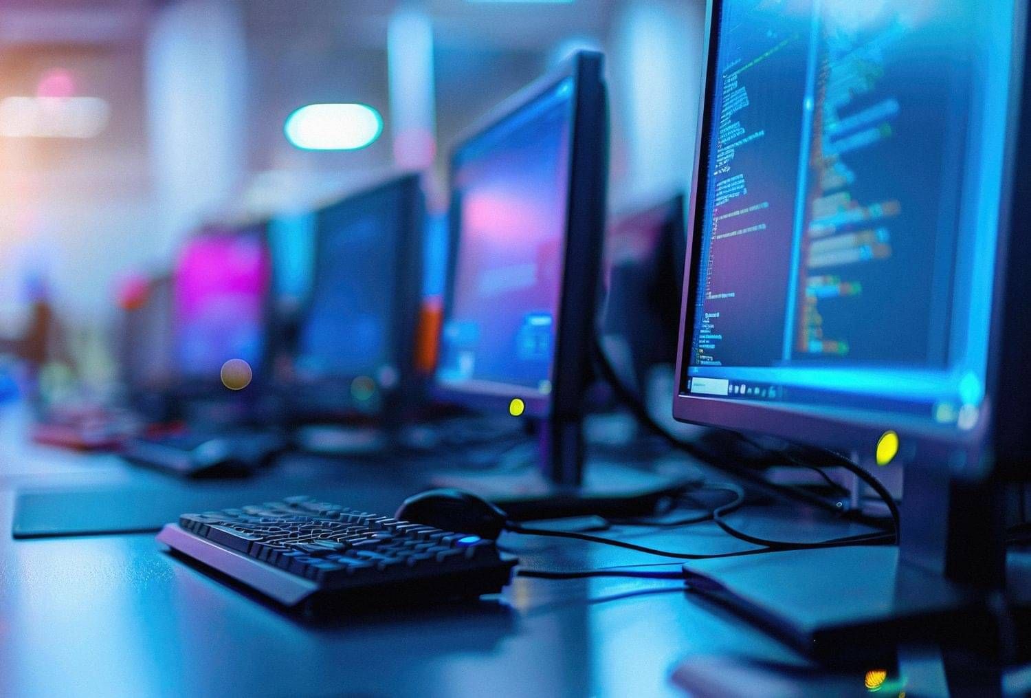 Computer monitors displaying system interfaces, representing IT procurement of hardware and software solutions.