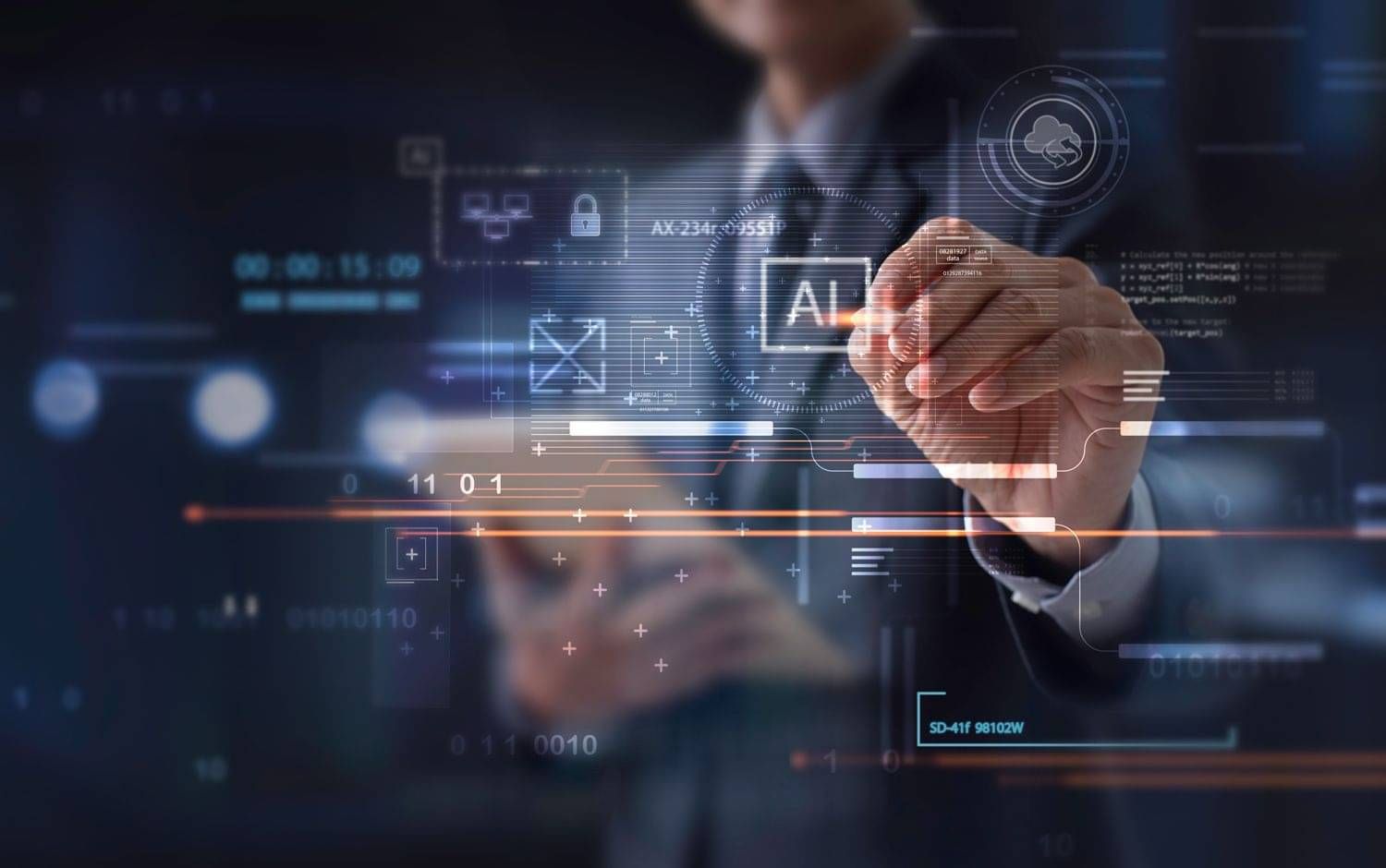 Person interacting with digital interface, symbolizing IT training, AI tools, and cybersecurity awareness.