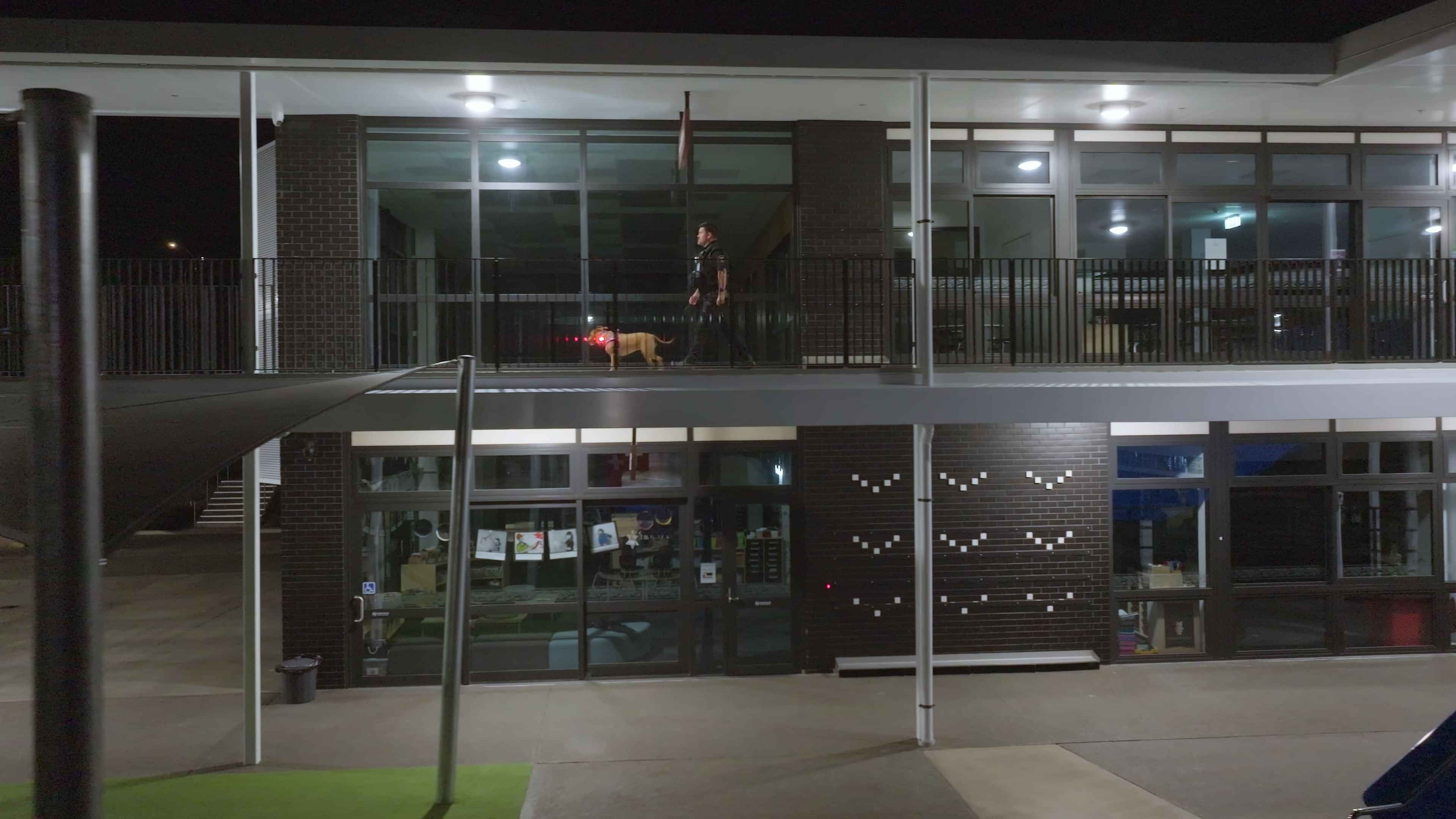 Watchdog Security Guard patrolling a school at night