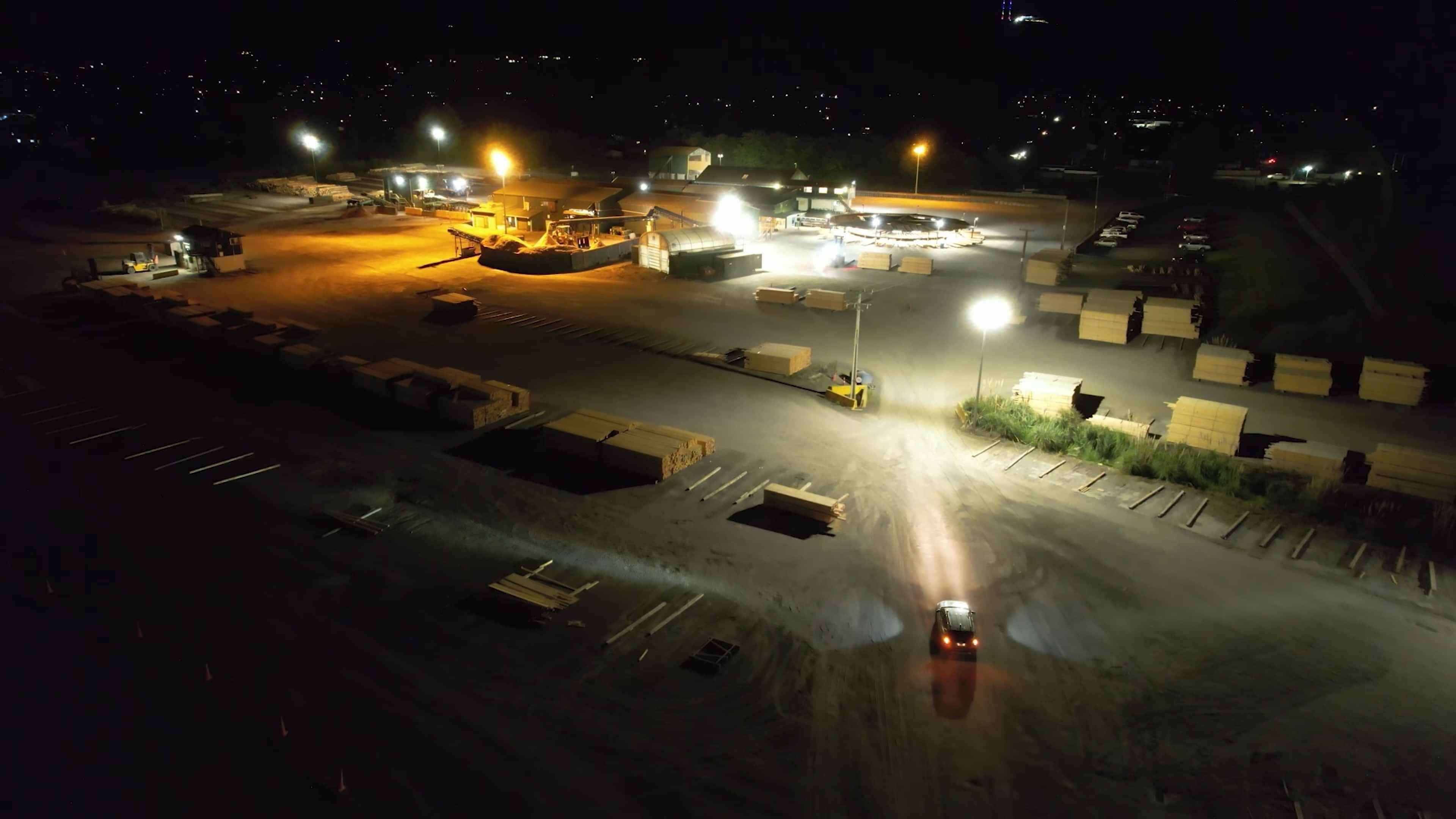 Drone shot of Watchdog Security patrolling a Timber Yard
