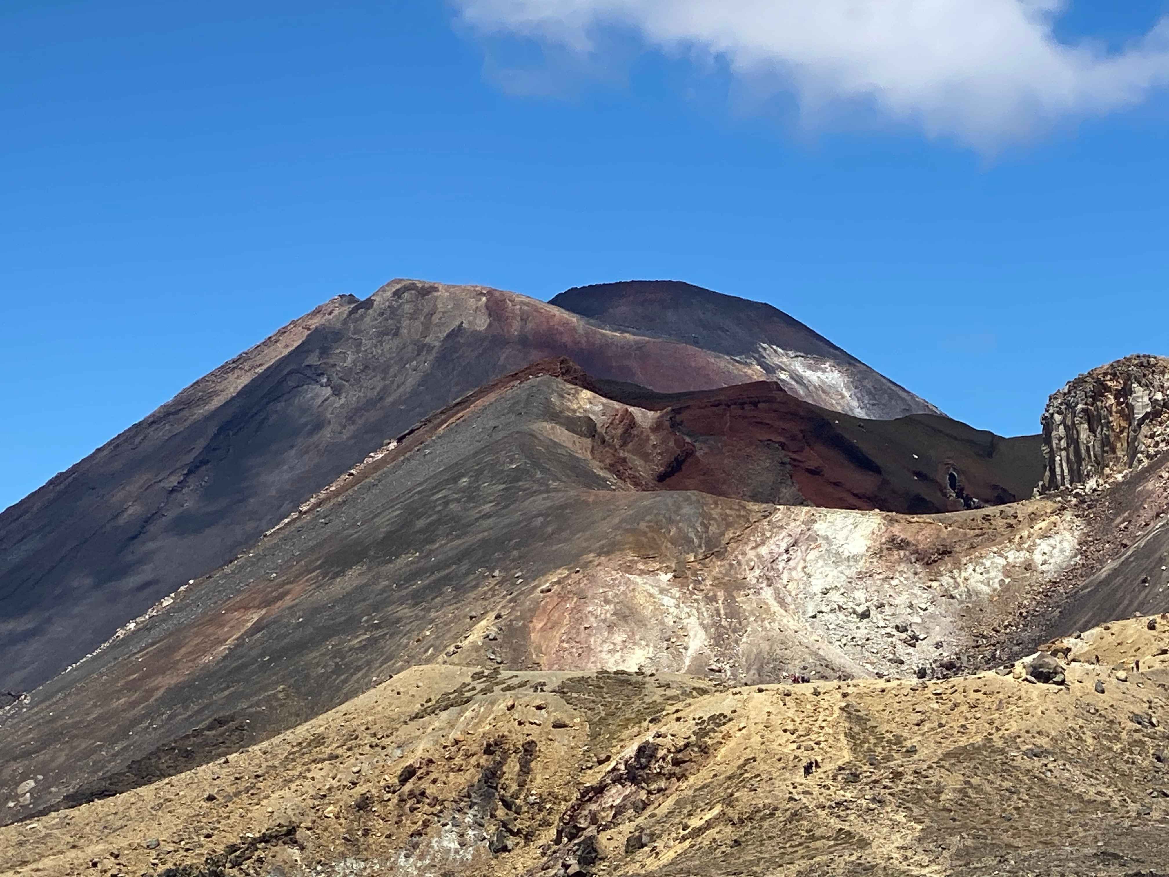 The Tongariro Alpine Crossing.  Looking up from the Emerald Lakes beyond Red Crater to Mt Ngaurohoe.