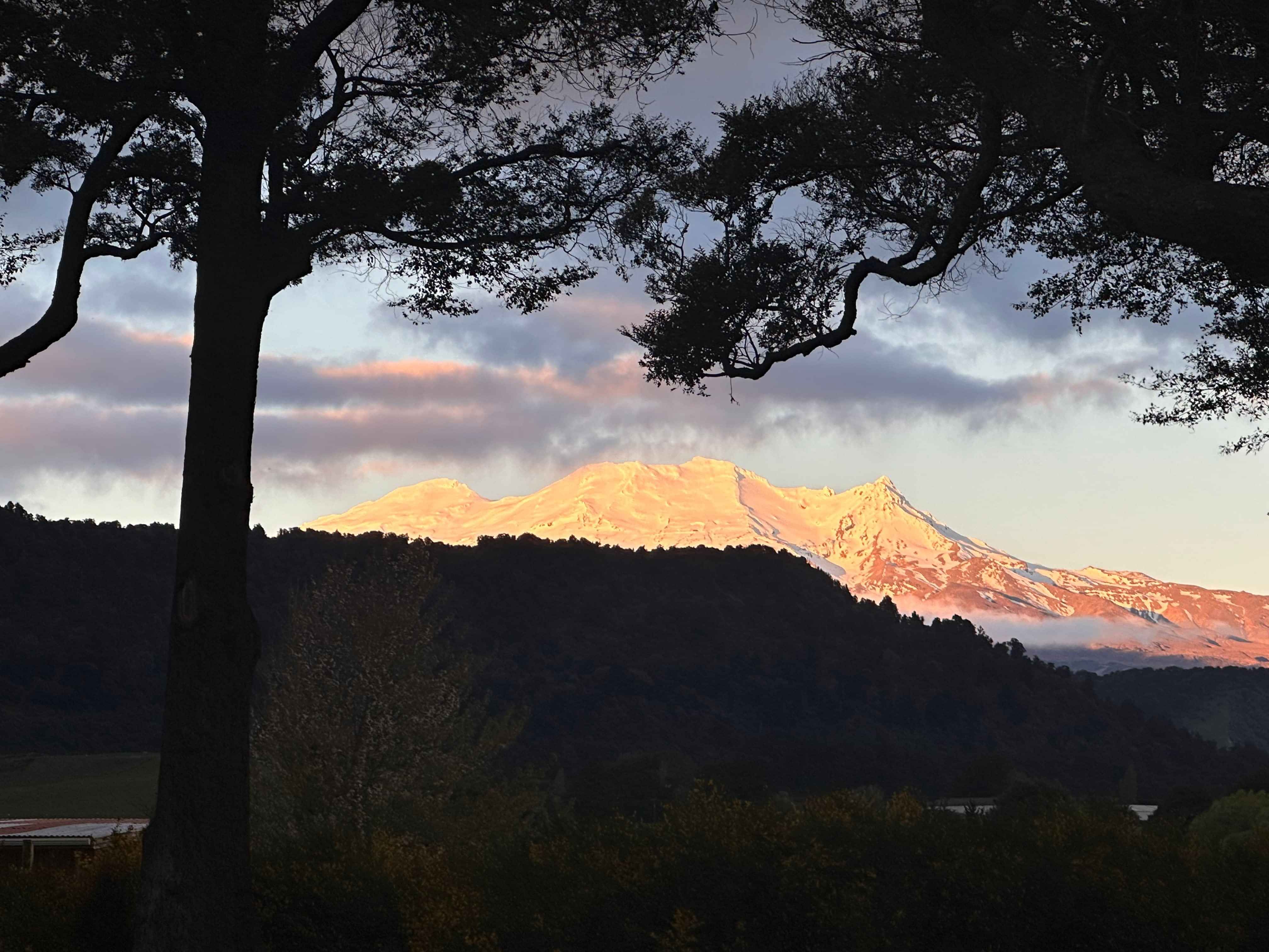 Sunset on Mt Ruapehu, seen from Two Rivers Ohakune. A beautiful way to relax after a day's adventuring.