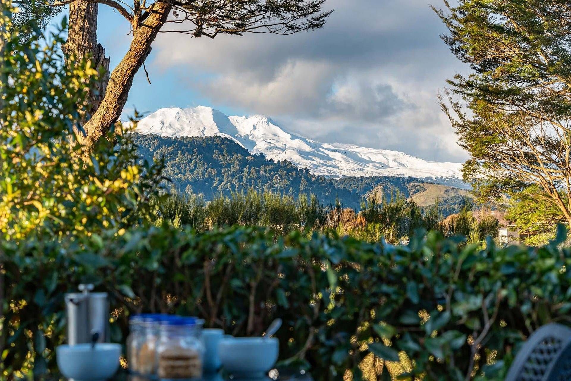 Breakfast on the deck overlooking Mt Ruapehu, as seen from the Mangawhero Suite