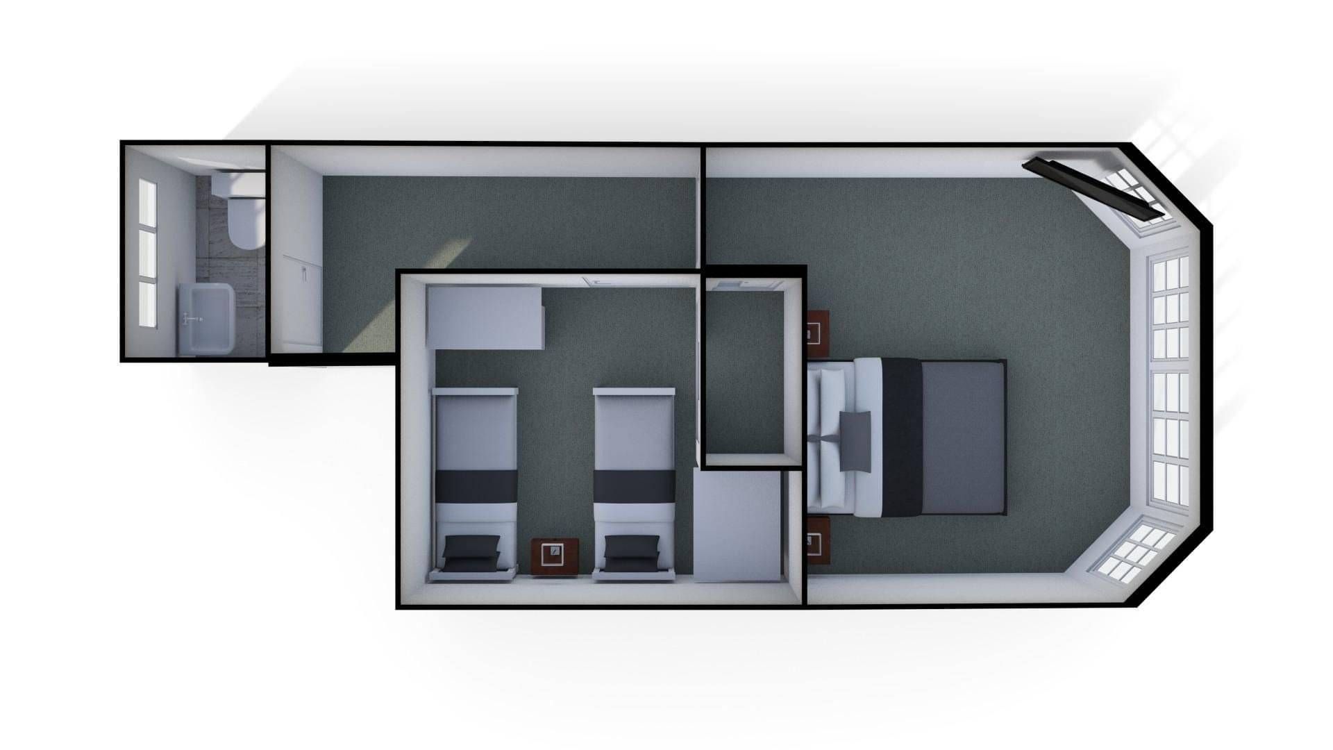 2 bedroom unit floorplan of bedrooms and bathroom