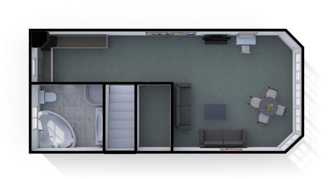 2 bedroom unit floorplan of lounge, kitchen and bathroom