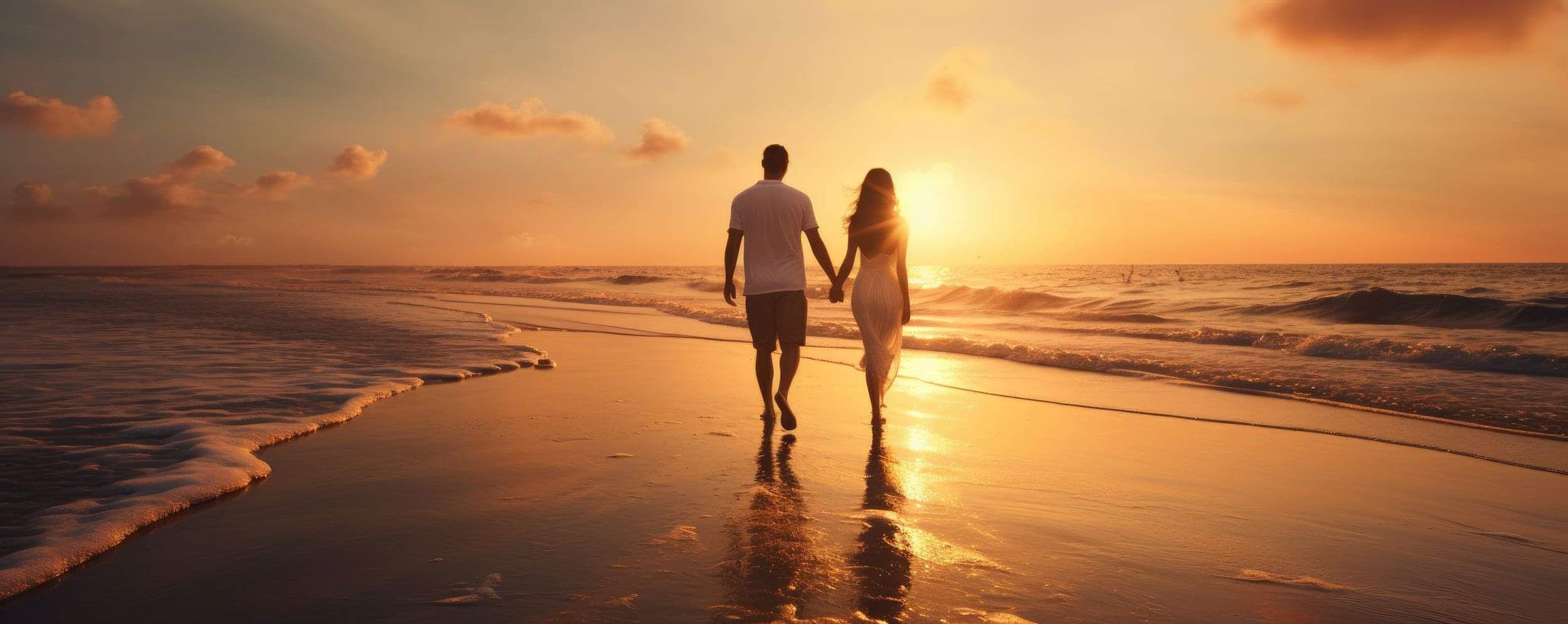Couple walking hand in hand along a beach at sunset during a romantic destination escape