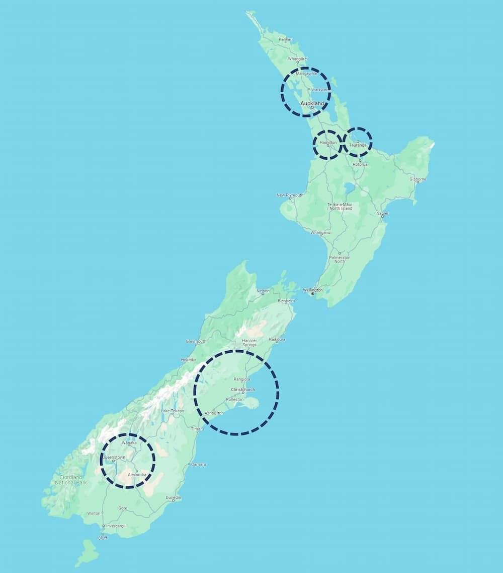 Map of new Zealand with Drainpro branches shown