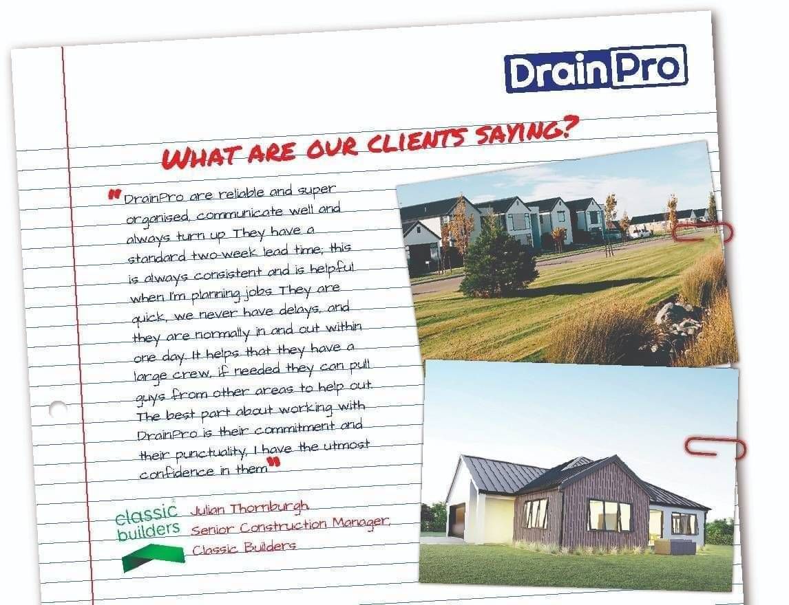 Drainpro client review with photos of houses