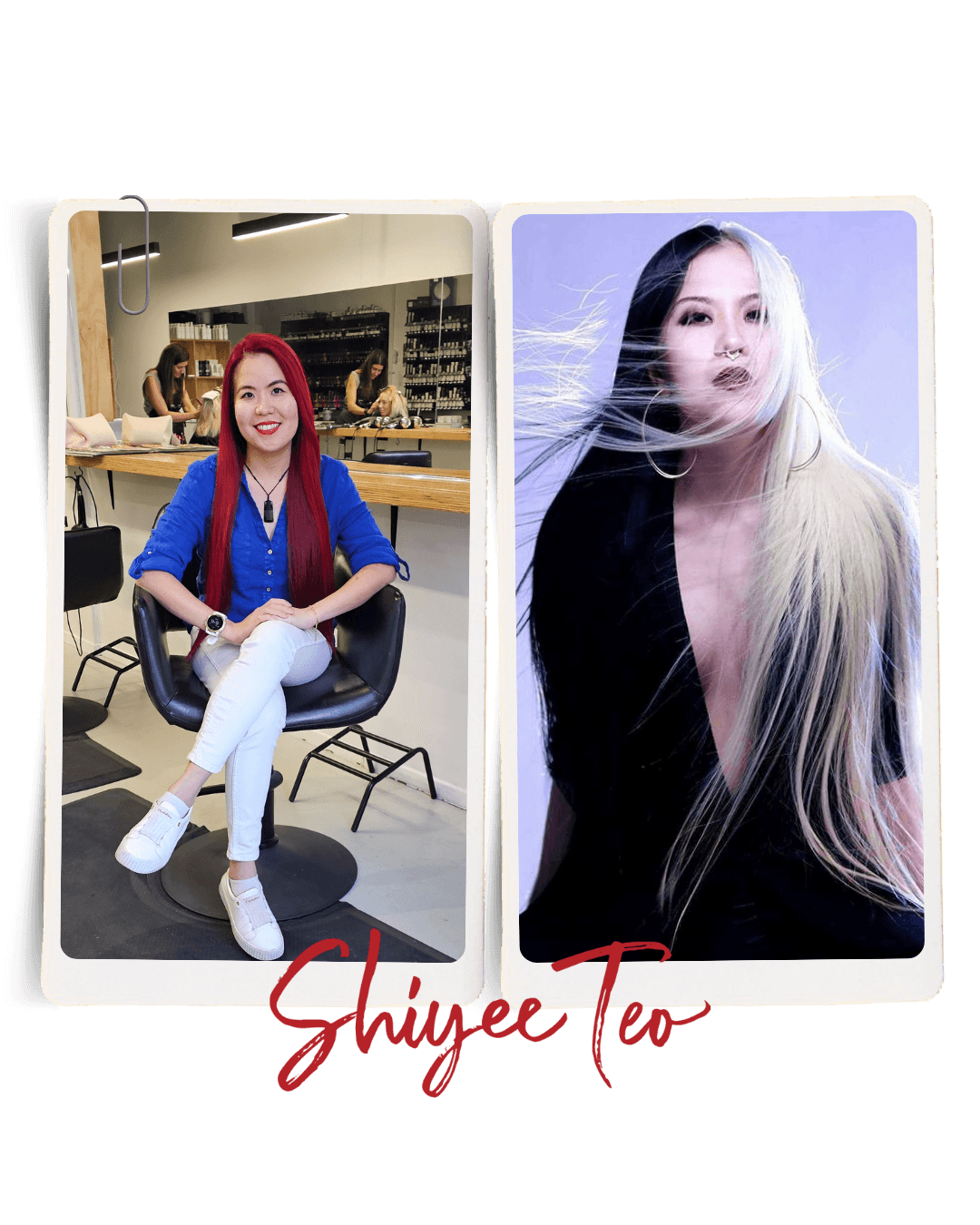 Collage style images of Shiyee Teo, a hairstylist in Queenstown.