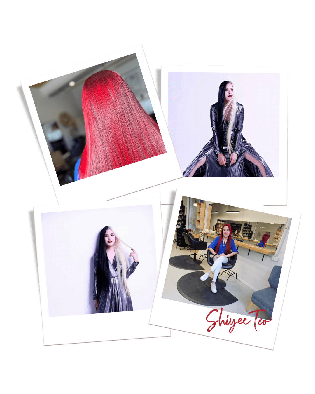 Four polaroid style portrait images of Shiyee - hairstylist and owner of Hair by Shiyee.